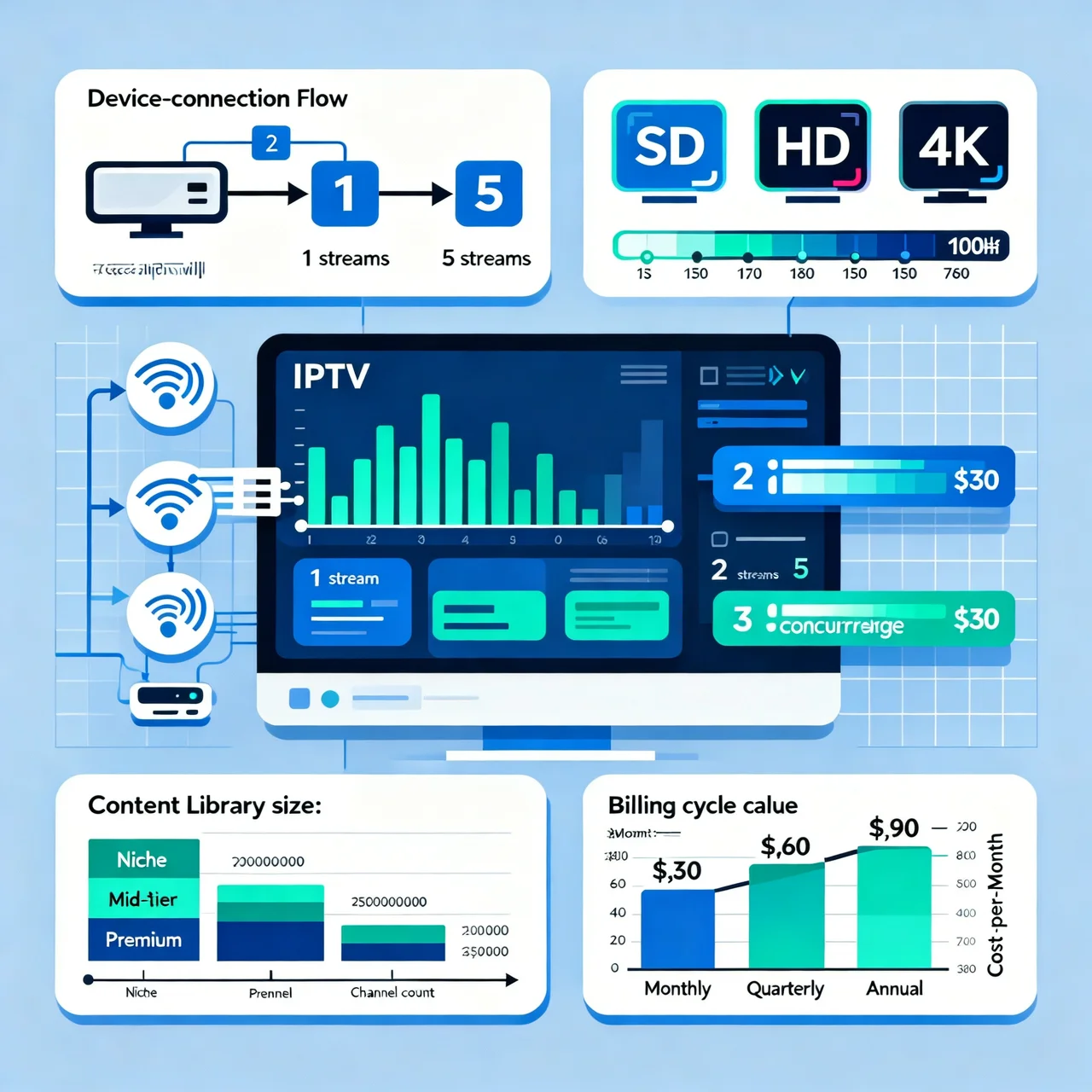 A technical infographic showing IPTV cost factors, including simultaneous stream limits, SD/HD/4K quality options, content variety levels, and billing-cycle price comparisons.
