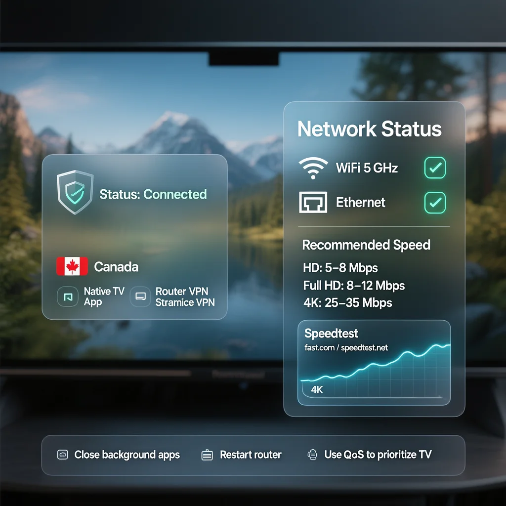  Smart TV showing an IPTV stream with a small network overlay displaying WiFi 5GHz and Ethernet options, speed test results for 4K streaming, and a connected VPN app like ExpressVPN or NordVPN running in the background.​