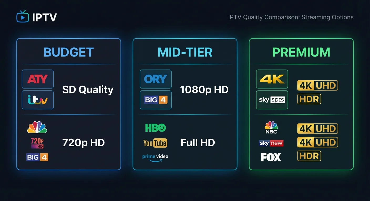 "IPTV channel list showing HD and 4K indicators, illustrating quality factors for affordable IPTV services."
