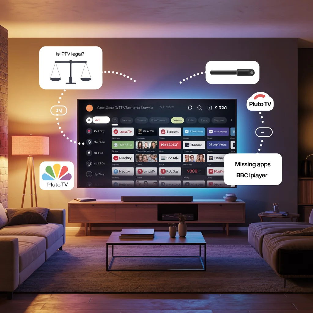 Smart TV in a living room showing an IPTV app on screen with floating FAQ bubbles around it answering questions about missing apps, internet speed, legality, old TV models, troubleshooting, and best free IPTV apps.​