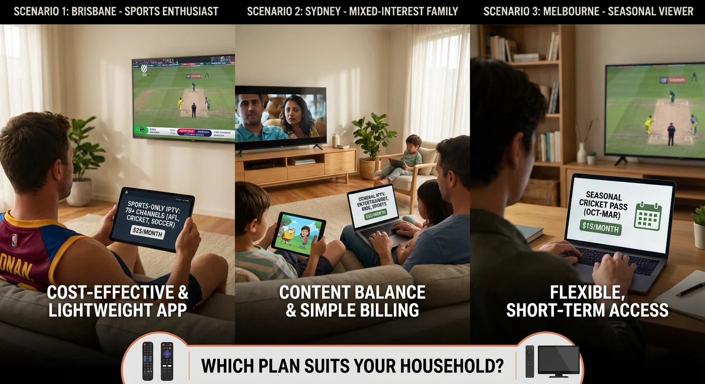 Australian households comparing sports-only IPTV subscriptions with general IPTV services, highlighting channel availability, cost, and suitability for single or multi-interest viewers.