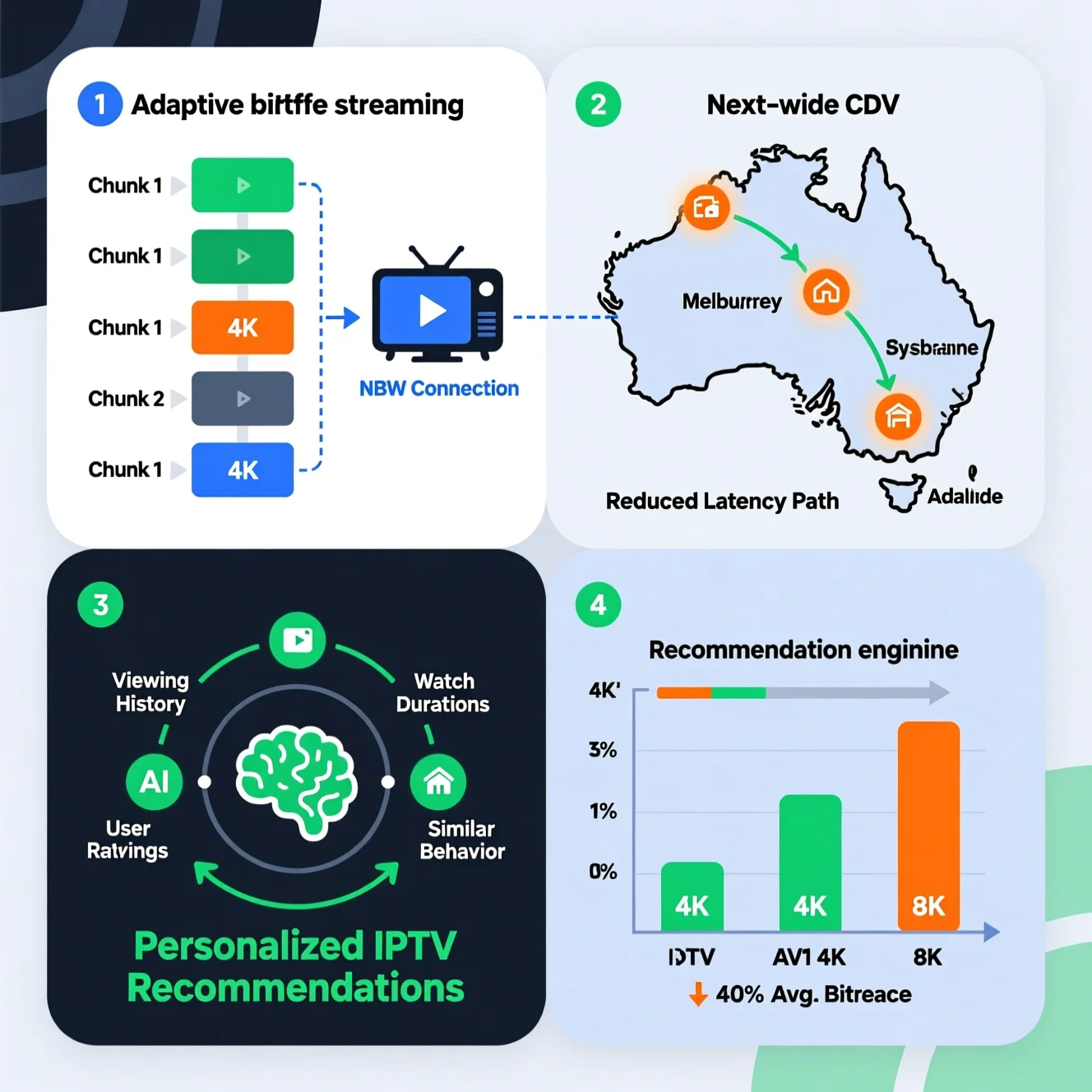 Technical infographic showing how modern IPTV works: adaptive bitrate streaming ladders, CDN edge servers in Australian cities, AI recommendation engine flow, and AV1 codec bandwidth savings for 4K and future 8K content.