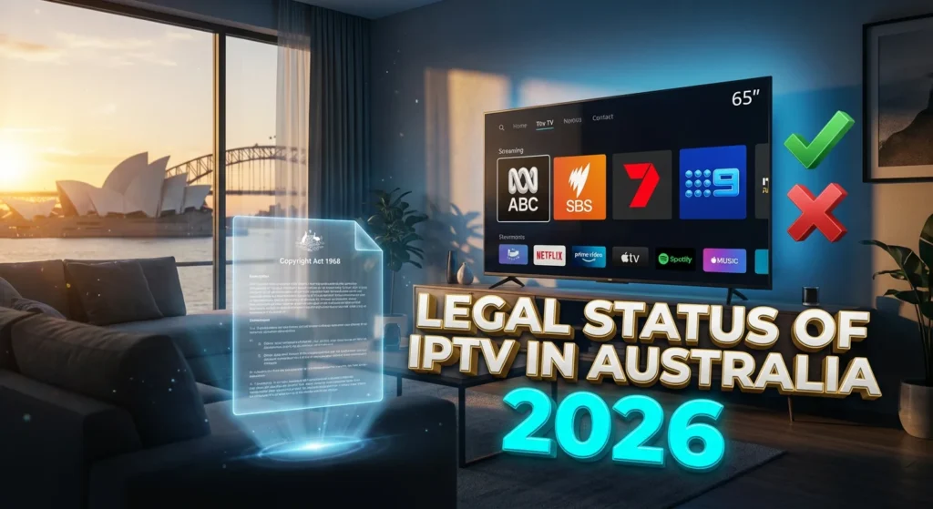 Legal Status of IPTV in Australia 2026 - Australian living room with smart TV displaying licensed streaming services, Copyright Act 1968 holographic document, Sydney Opera House view at sunset