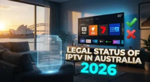 Legal Status of IPTV in Australia 2026 - Australian living room with smart TV displaying licensed streaming services, Copyright Act 1968 holographic document, Sydney Opera House view at sunset