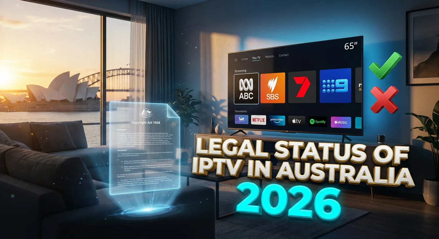 Legal Status of IPTV in Australia 2026 - Australian living room with smart TV displaying licensed streaming services, Copyright Act 1968 holographic document, Sydney Opera House view at sunset