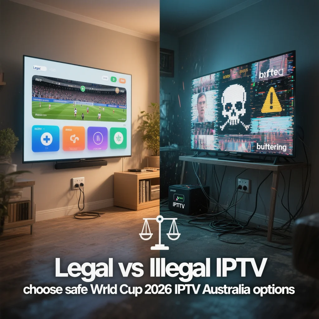 Comparison graphic showing legal vs illegal IPTV for World Cup 2026 IPTV Australia, with trusted Aussie streaming apps on one side and a risky pirate box on the other