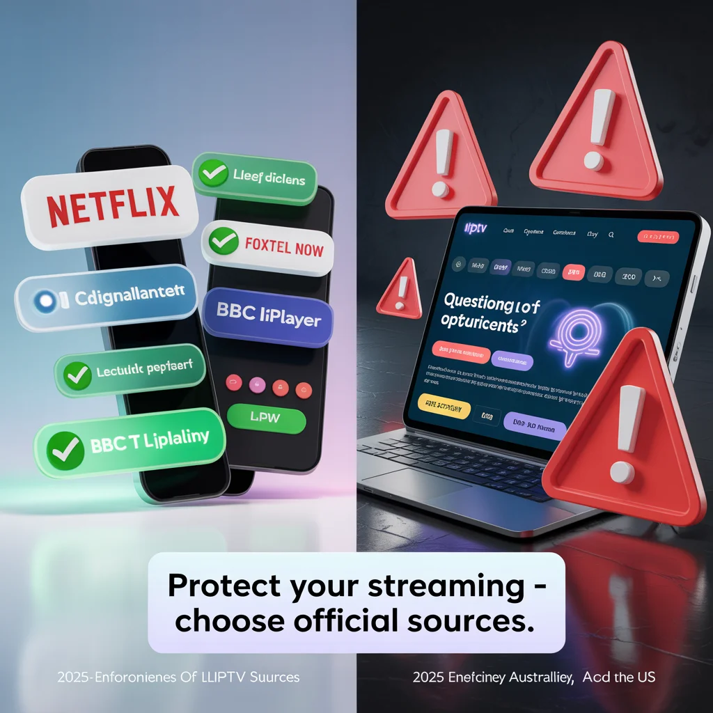  Split-screen image showing legal IPTV apps like Netflix, Foxtel Now, BBC iPlayer, YouTube TV on one side with green checkmarks, and a shady IPTV website offering 10,000+ channels for $10 with crypto payments on the other side with red warning icons.​