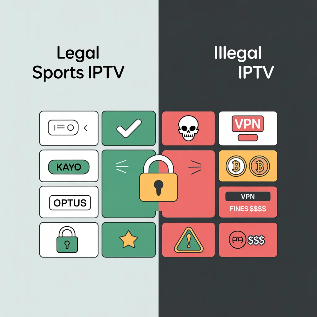 Split-screen graphic comparing legal Sports IPTV with secure payments and official apps against illegal IPTV with crypto payments, malware risk, VPN requirement and risk of heavy fines for Australian users