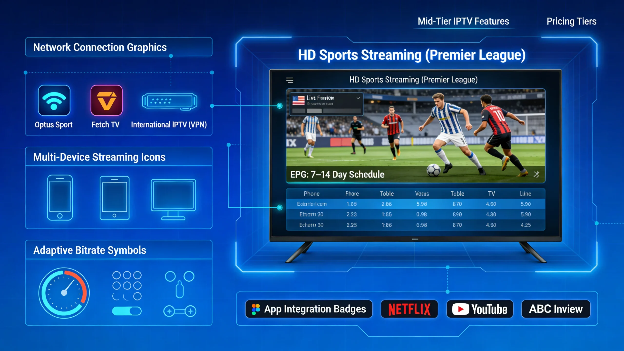 A modern IPTV technical interface showing HD sports streaming, an EPG schedule, service icons like Optus Sport and Fetch TV, and VPN-based international IPTV access.