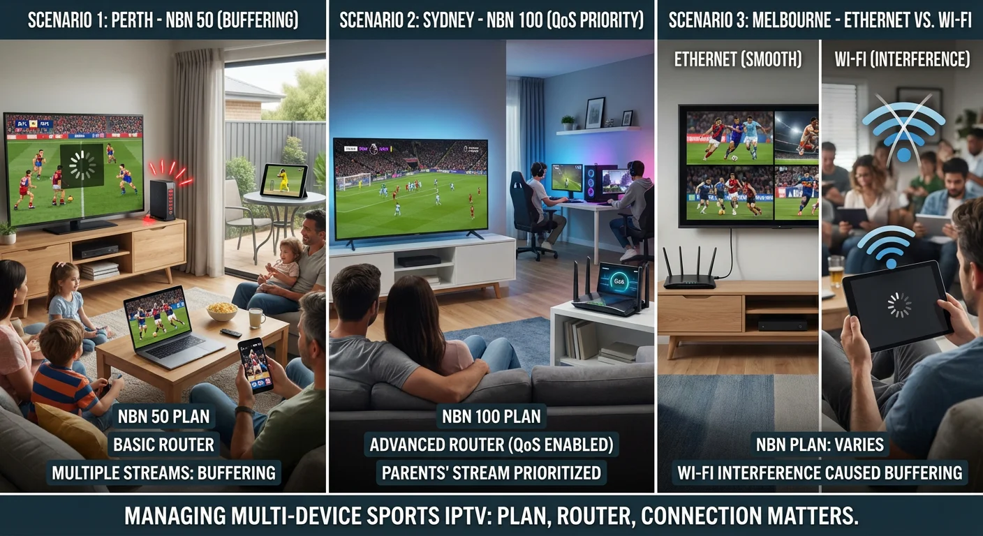 Australian households streaming sports on multiple devices simultaneously, showing buffering on Wi-Fi, Ethernet performance, router QoS, and NBN plan requirements.