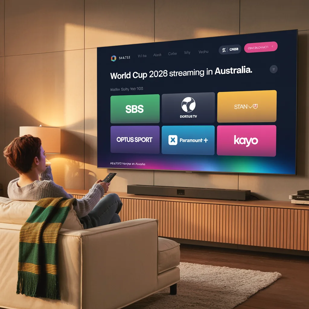 Cinematic 4K smart TV screen showing multiple Australian streaming apps for World Cup 2026 IPTV Australia, including SBS-style, Optus-style, Stan-style and Kayo-style tiles