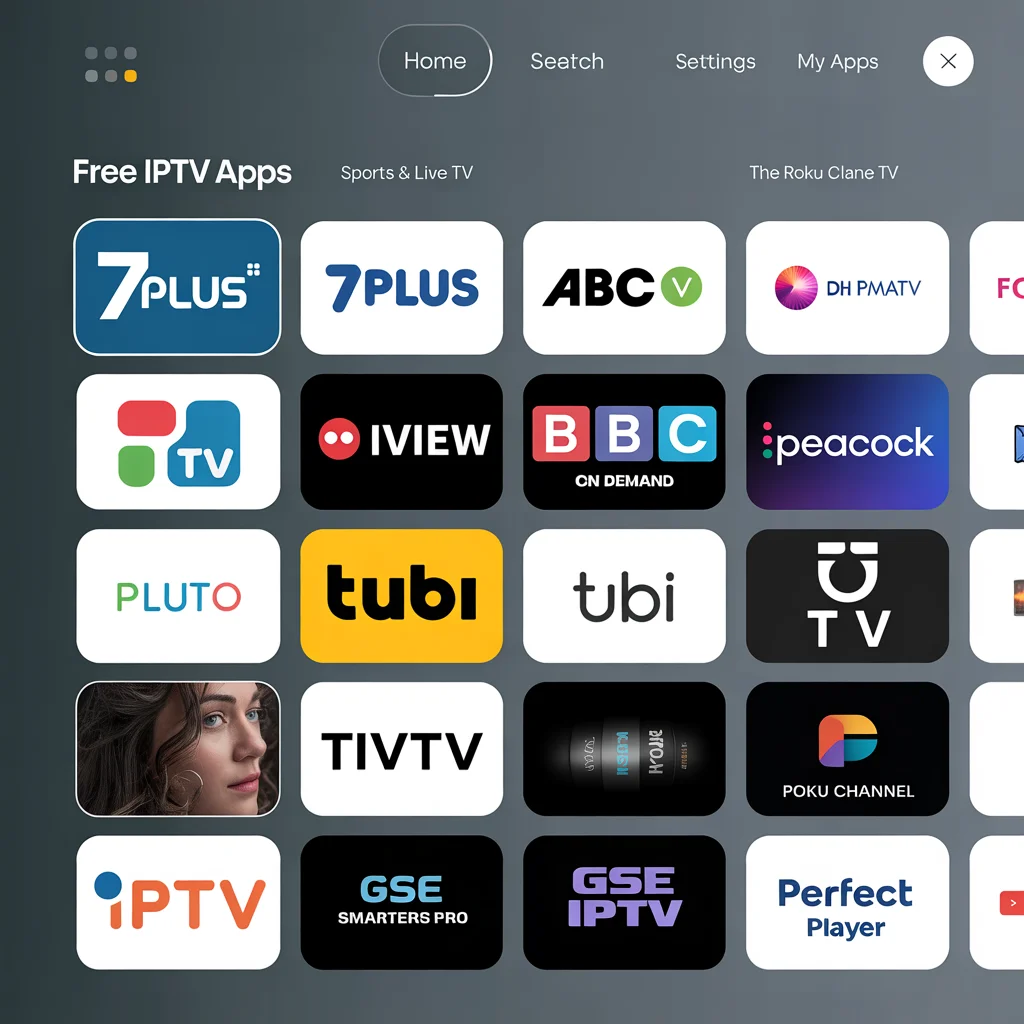  Smart TV screen showing multiple app store tiles with free apps like Pluto TV, Tubi, BBC iPlayer and premium IPTV players like TiviMate and IPTV Smarters Pro, illustrating how to choose the best IPTV apps by region.​​