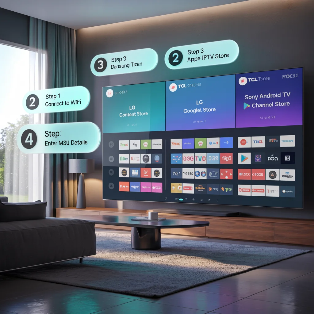 Cinematic smart TV screen showing Samsung, LG, Sony, TCL, and Hisense interfaces with IPTV apps and step-by-step overlays for how to setup IPTV on smart TV.