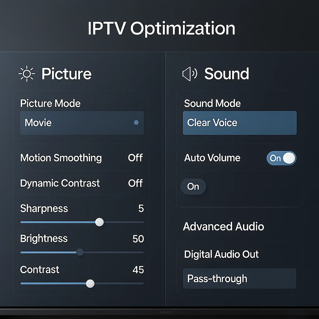 Smart TV settings screen showing picture mode set to Movie, motion smoothing and dynamic contrast turned off, sharpness reduced, and sound mode set to Clear Voice with auto volume enabled for IPTV streaming.​