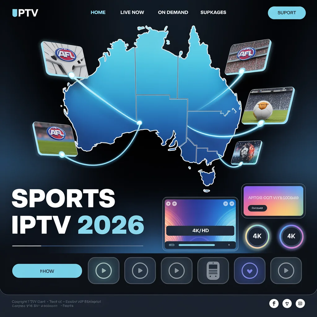 Futuristic Sports IPTV 2026 dashboard with digital data streams around Australia and multiple sports icons representing live AFL, NRL and Premier League streaming in 4K over the internet