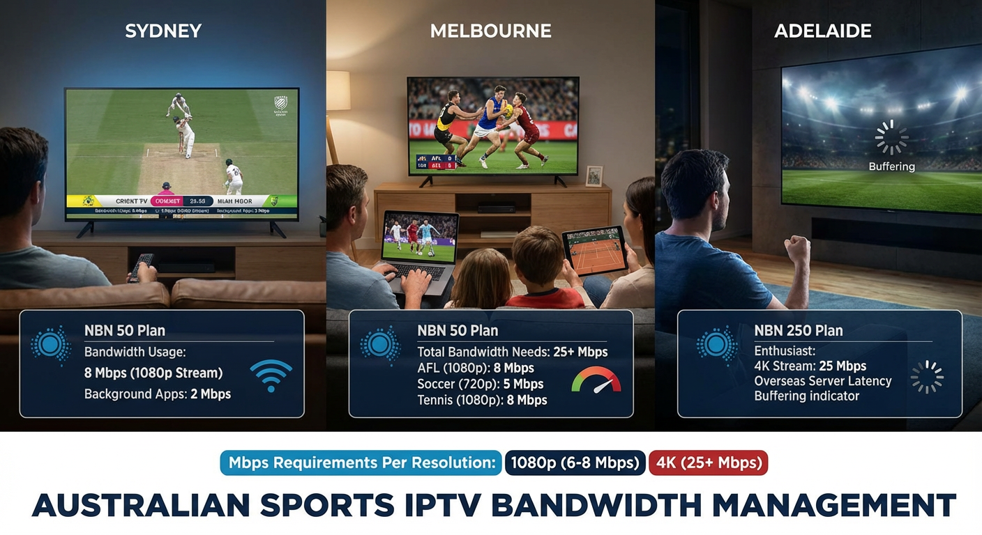 Australian households streaming sports IPTV in 720p, 1080p, and 4K on multiple devices, showing real bandwidth usage, NBN plan requirements, and multi-device network management.