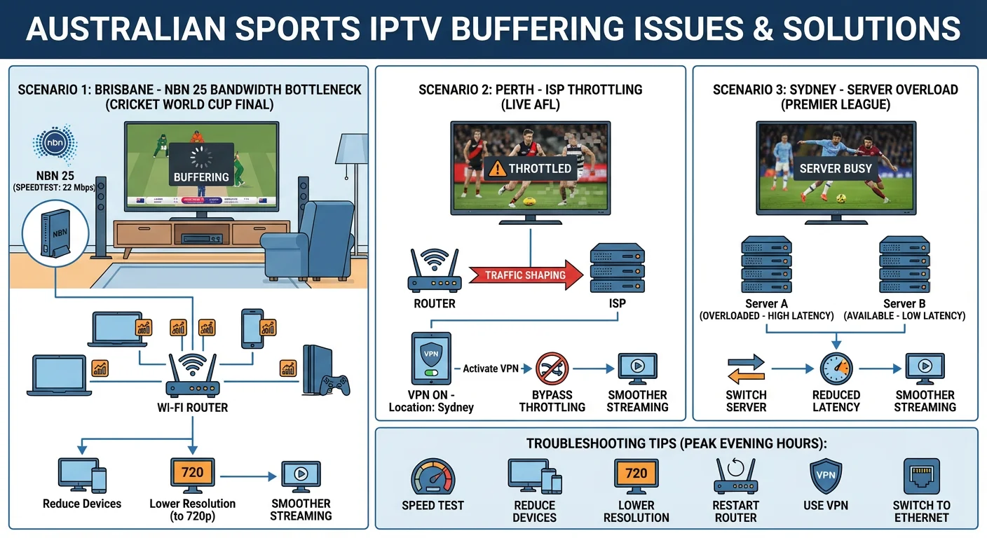 Australian households experiencing buffering during live sports IPTV on NBN, illustrating bandwidth issues, ISP throttling, and server overload during AFL, Cricket, and Premier League matches.