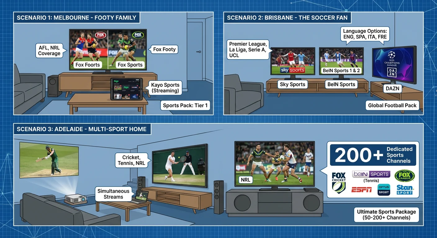 Australian households testing sports IPTV subscriptions, showing AFL, NRL, cricket, soccer, NBA, NFL, tennis, and motorsports channels, including Fox Sports, BeIN Sports, Sky Sports, and ESPN.