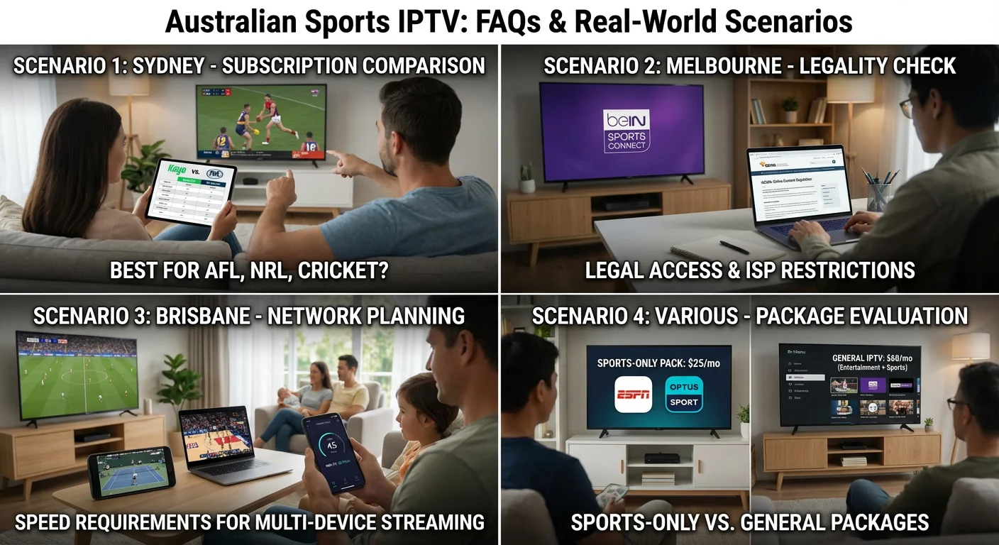 Australian households exploring frequently asked questions about sports IPTV subscriptions, legal options, NBN requirements, and multi-device streaming for AFL, cricket, soccer, and NBA.