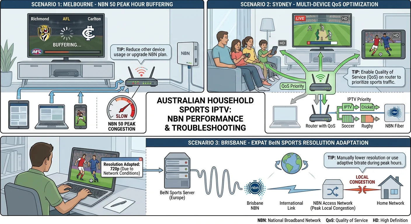 Australian household testing sports IPTV with multiple devices, showing NBN speed, QoS router settings, and live sports buffering issues.