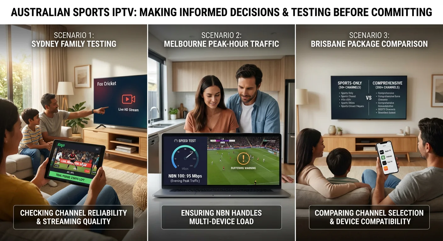 Australian households evaluating sports IPTV subscriptions, comparing channel selection, streaming reliability, and NBN performance across multiple cities and devices.