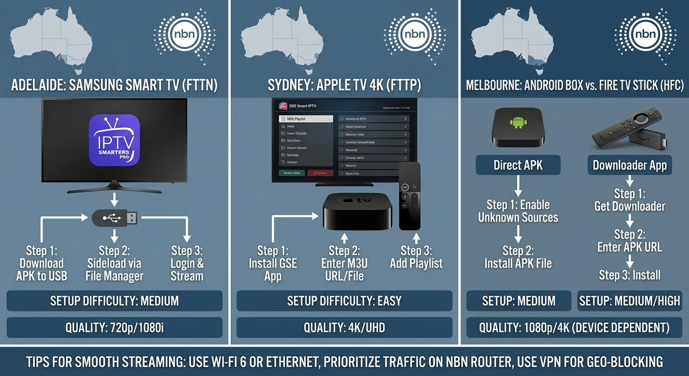 Australian households setting up sports-only IPTV on Samsung Smart TV, Apple TV 4K, Android Box, and Fire TV Stick, showing apps, M3U playlist entry, and configuration steps.
