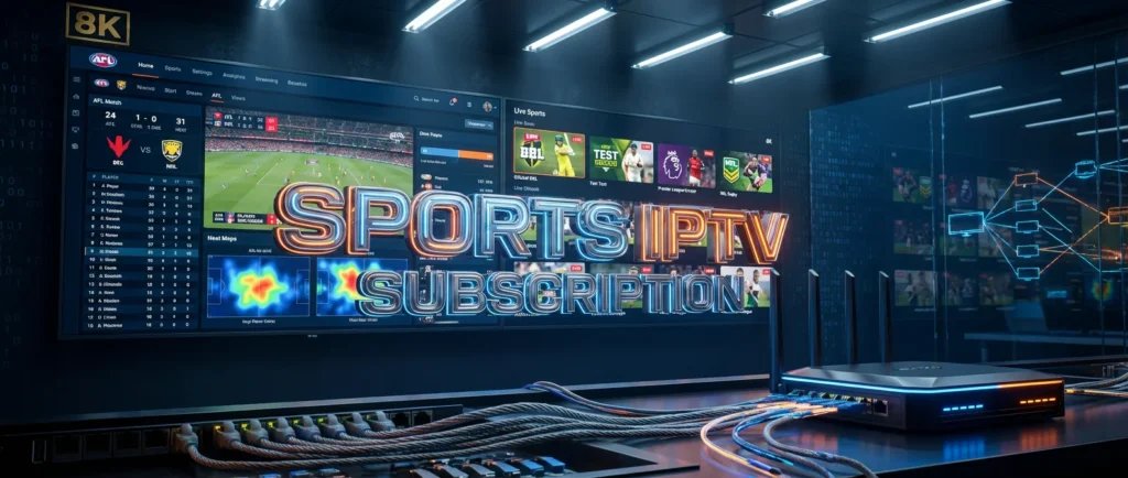 Sports IPTV subscription dashboard showing live streaming interface with NBN network connections and multiple sports channels