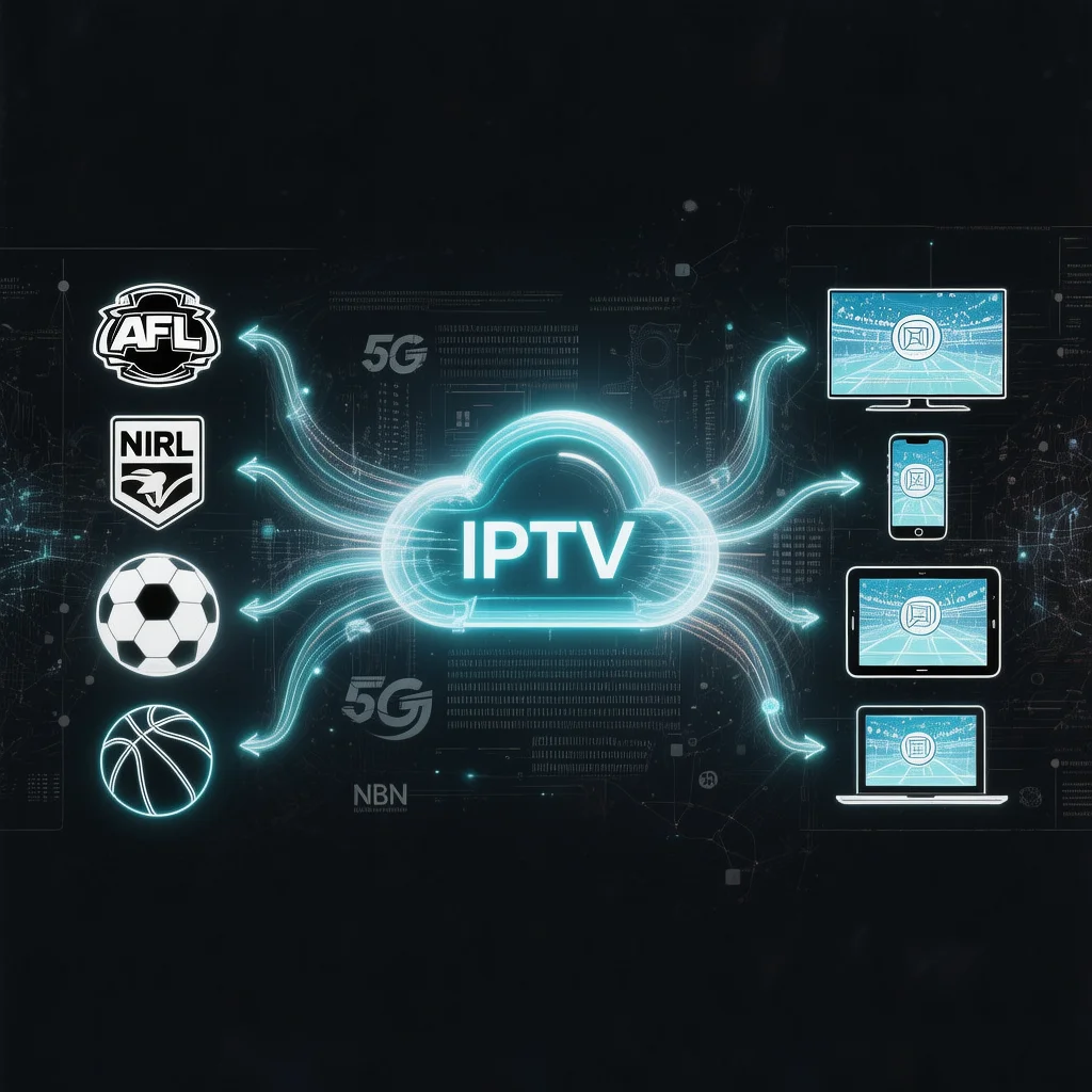 Technical diagram of Sports IPTV showing live sports streams as digital data packets flowing from an IPTV server over NBN and 5G to multiple devices, explaining how IPTV sends only the game you request instead of all cable channels