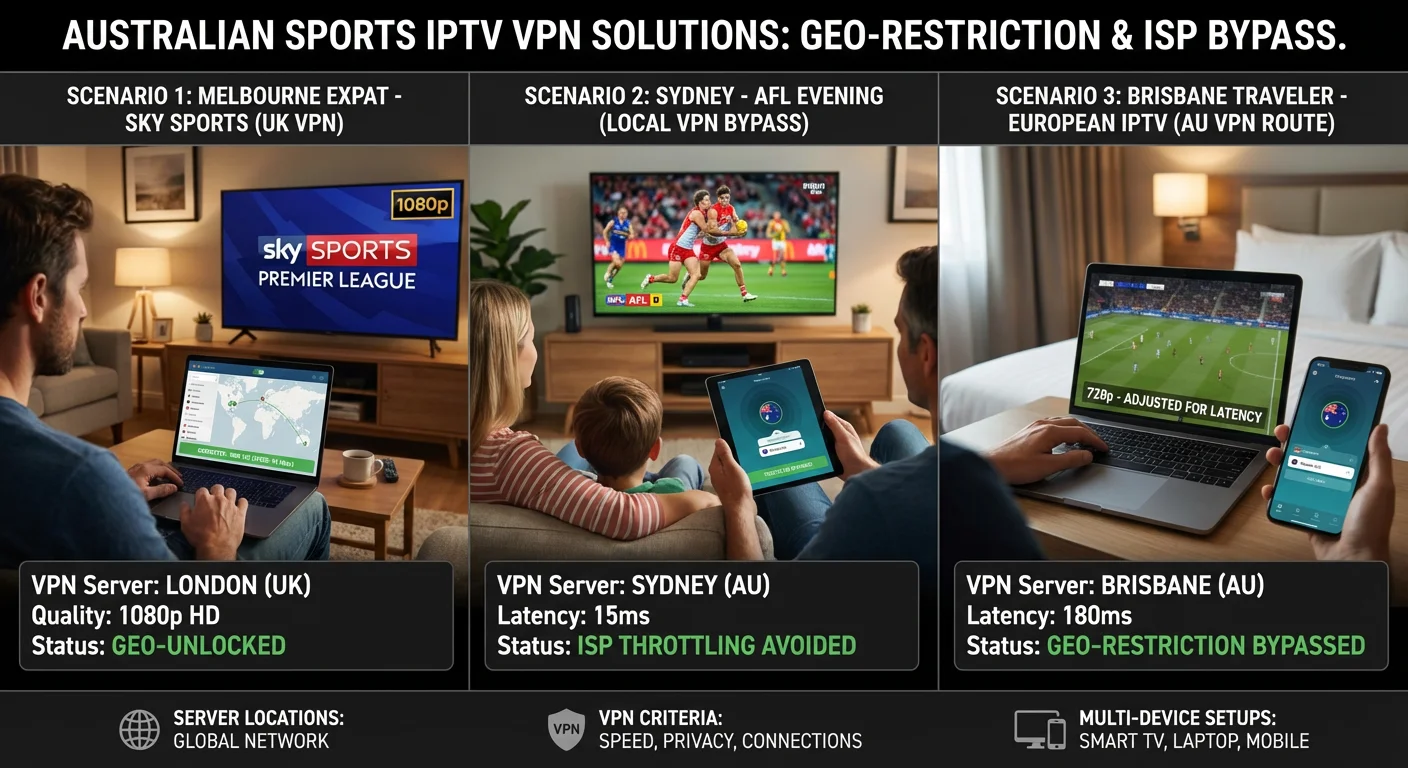 Australian households using VPNs to bypass geo-restrictions and ISP throttling for sports IPTV, showing UK, European, and local server connections, speed impact, and device setup.