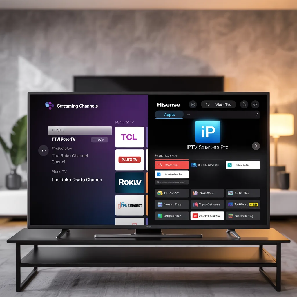 Split-screen image showing TCL Roku TV with Streaming Channels open and Hisense VIDAA TV with its app store open, both highlighting IPTV and free live TV apps like Pluto TV and Tubi.​​
