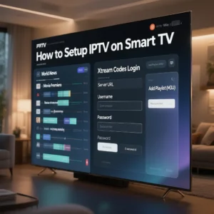 Technical IPTV setup screen on a smart TV showing options to add an M3U playlist and log in with Xtream Codes, with bold text reading “How to Setup IPTV on Smart TV” at the top