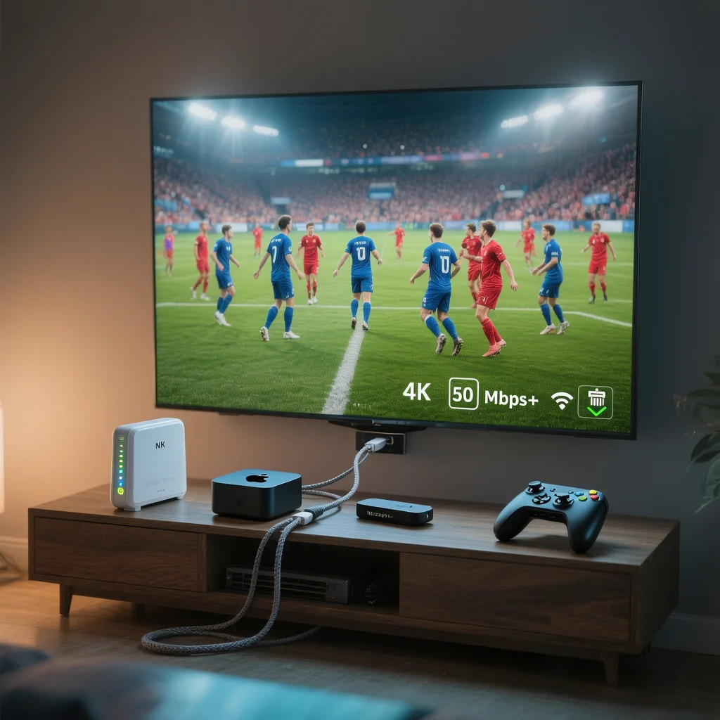 Australian living room showing World Cup 2026 IPTV Australia setup with 4K TV, streaming devices, NBN modem and Ethernet cable for stable football streaming