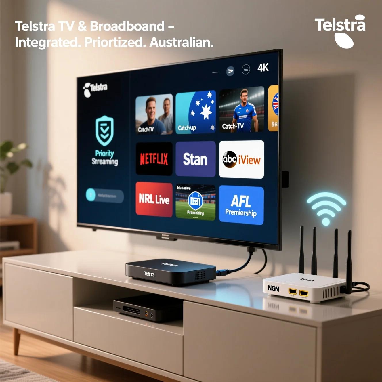 Telstra TV streaming device connected via HDMI to a flat-screen TV and to a Telstra NBN modem in an Australian living room, showing integrated live channels and on-demand apps.