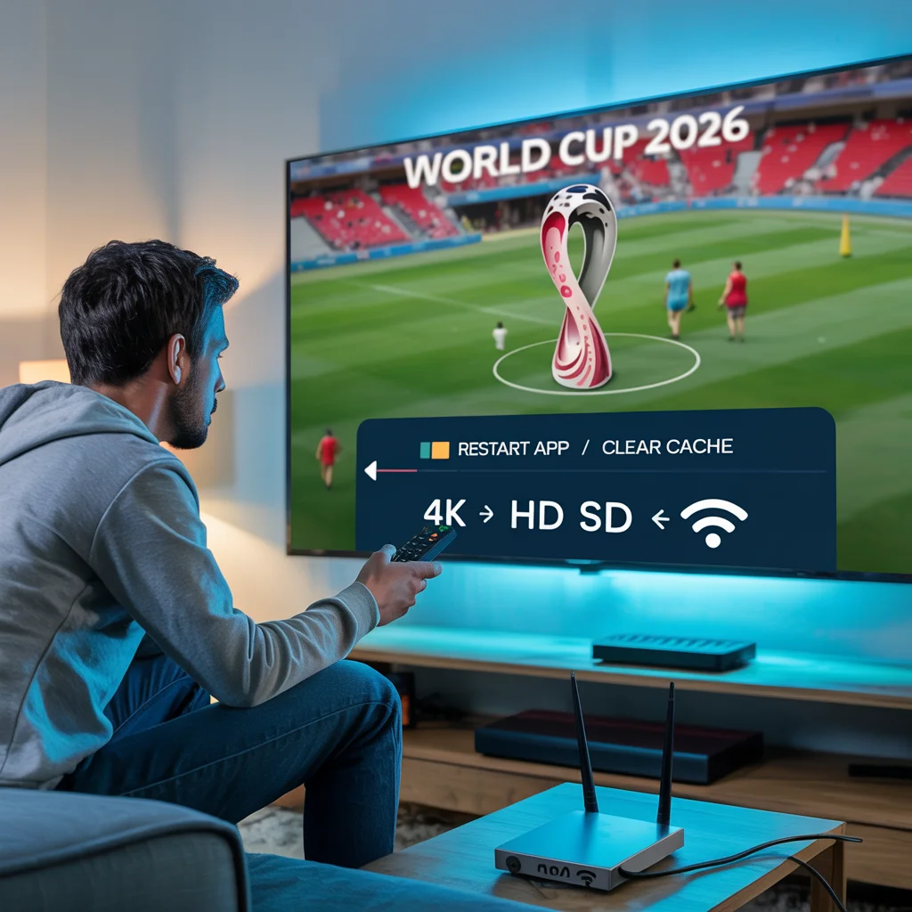 Frustrated viewer fixing World Cup 2026 IPTV Australia stream on a TV with buffering icon and network settings panel open on screen