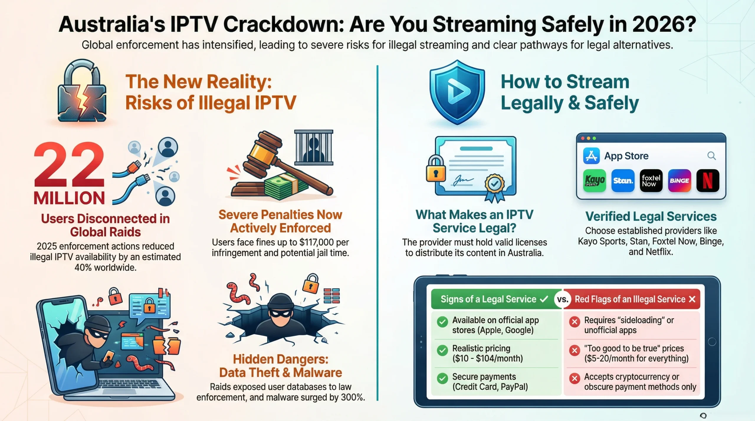 Infographic titled “Australia’s IPTV Crackdown: Are You Streaming Safely in 2026?” showing risks of illegal IPTV such as disconnections, heavy fines and malware, and explaining how to choose licensed, legal IPTV services in Australia with visual icons.