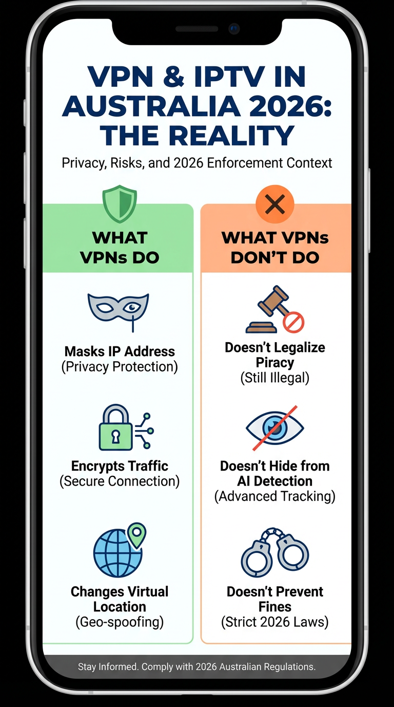Mobile infographic showing what VPNs protect and what they don’t for IPTV users in Australia 2026