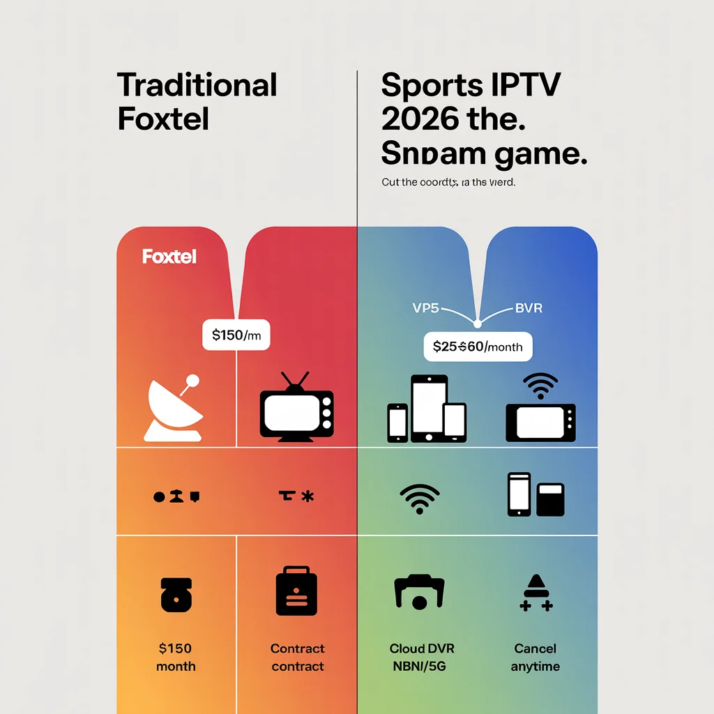 Comparison graphic showing expensive traditional Foxtel on one side versus flexible Sports IPTV 2026 on the other, with lower monthly prices, multi-device streaming and cloud DVR for Australian sports fans