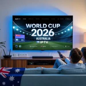 Cinematic Australian living room streaming the World Cup on a 4K TV with the title World Cup 2026 IPTV Australia in bold on the screen​