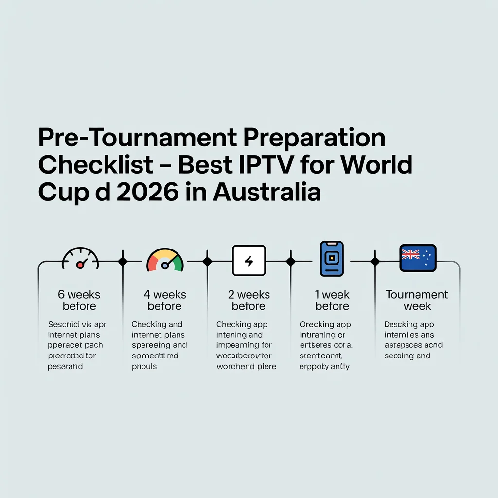 Infographic timeline checklist showing how to prepare the best IPTV for World Cup 2026 in Australia from six weeks before kickoff to tournament week