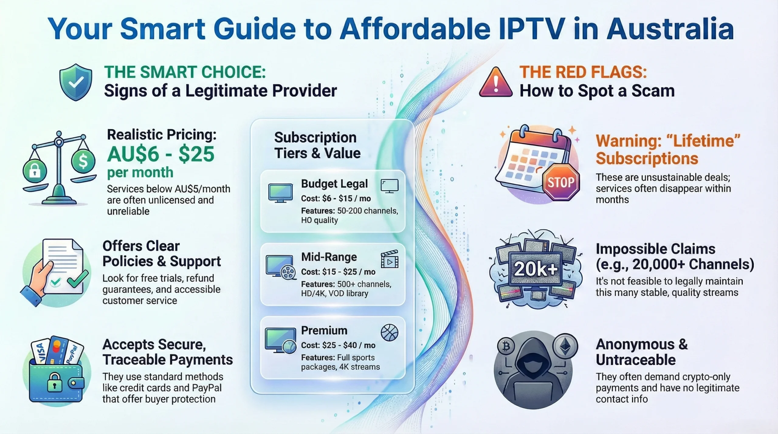 Infographic titled “Your Smart Guide to Affordable IPTV in Australia” showing signs of a legitimate IPTV provider (realistic pricing AU$6–25, clear policies, secure payments), subscription tiers (budget, mid‑range, premium), and red flags of scams such as “lifetime” subscriptions, impossible 20,000+ channel claims, and anonymous crypto‑only providers