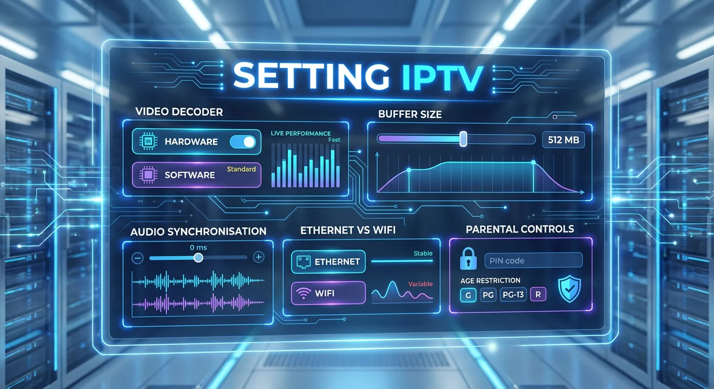 Illustration of IPTV settings interface showing video decoder, buffer size, audio sync, network connection, and parental control options on a futuristic digital screen.