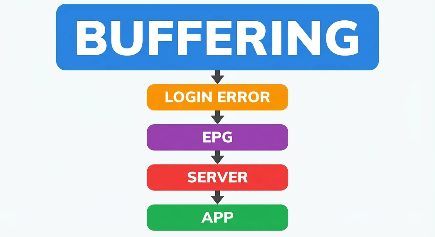 Minimal IPTV troubleshooting flowchart showing five key issues with large readable blocks and arrows, optimized for mobile screens.