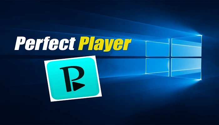 Perfect Player IPTV logo featuring a vibrant cyan 'P' icon on a dark blue background with glowing blue Windows-style edges and bold yellow-white 'Perfect Player' text overlay