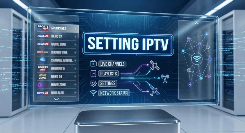High-tech illustration of IPTV streaming interface with channels, playlists, and network icons, highlighting “Setting IPTV”