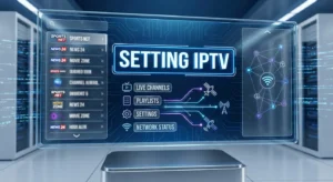 High-tech illustration of IPTV streaming interface with channels, playlists, and network icons, highlighting “Setting IPTV”
