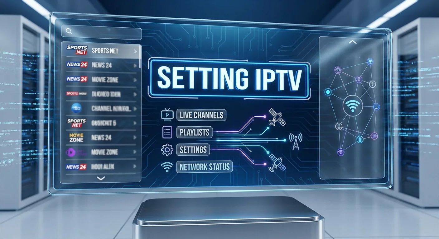 High-tech illustration of IPTV streaming interface with channels, playlists, and network icons, highlighting “Setting IPTV”