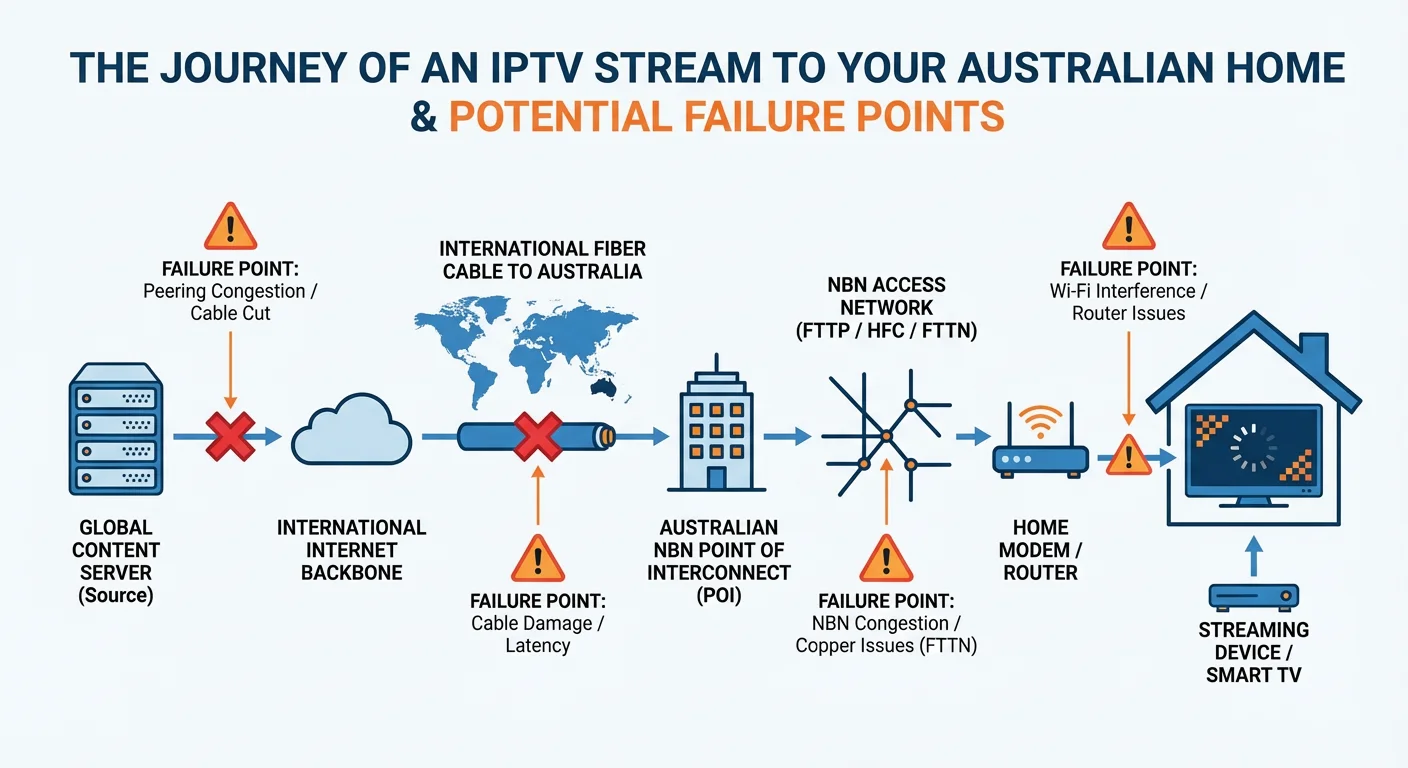 Infographic titled “The True Cost Stack of Buffer-Free IPTV in Australia” showing a three-layer pyramid of reliable NBN internet, quality streaming hardware, and a premium IPTV subscription, with approximate Australian dollar costs and an emphasis on investing in smooth, buffer-free viewing.