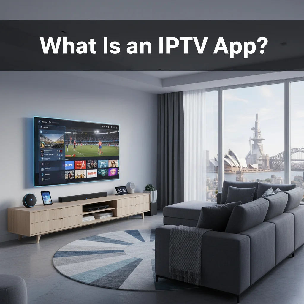 Bold text showing “What Is an IPTV App?” over a modern living room with a smart TV streaming content, representing IPTV and online TV in 2026