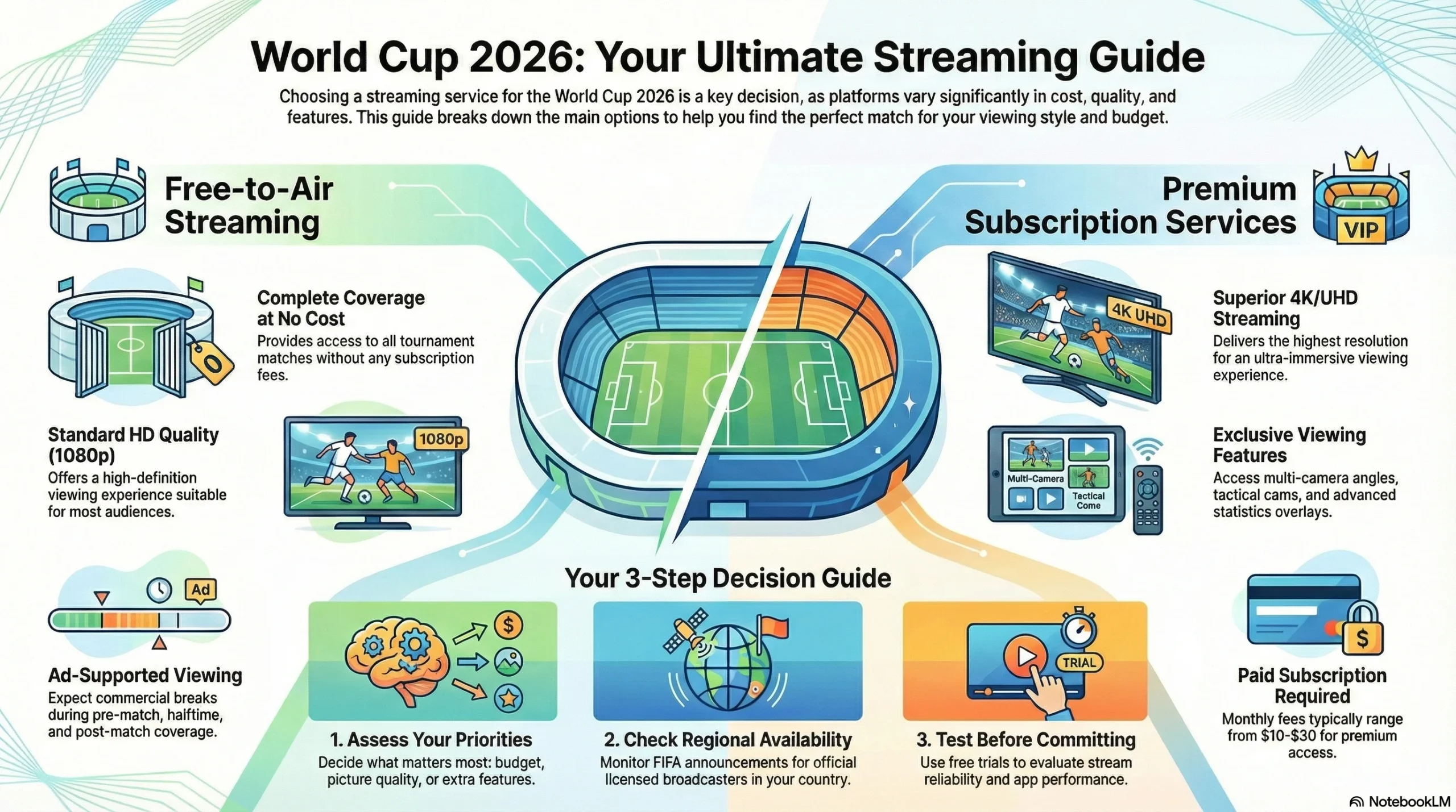 World Cup 2026 streaming service comparison showing free-to-air and premium subscription platforms with streaming quality and features