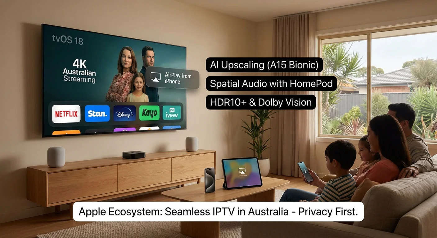 Apple TV 4K IPTV Australia setup with AirPlay streaming from iPhone, showcasing tvOS 18 interface and HDR10+ support
